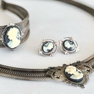 Handmade Vintage Style CAMEO jewelry SET - Choker Necklace, Bracelet, Earrings